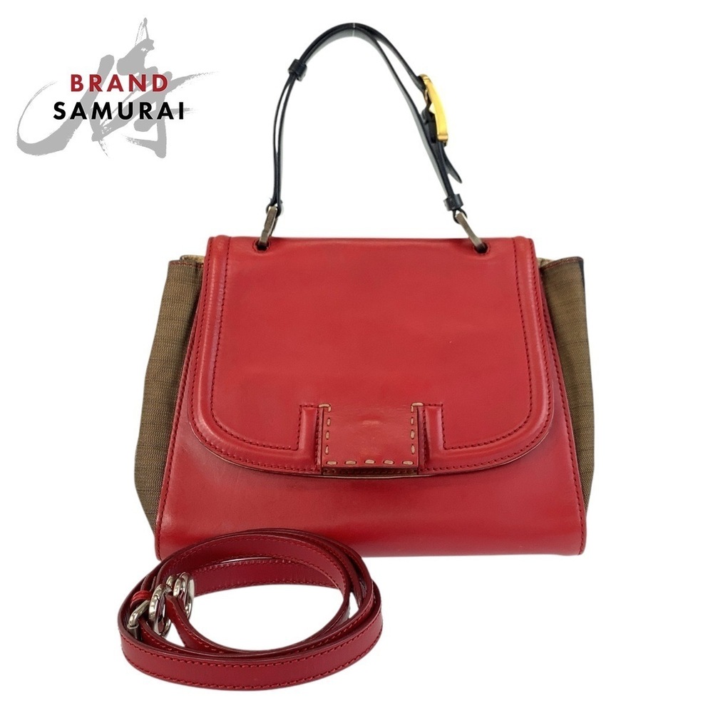 Fendi Pequin Silvana Red Brown Leather Canvas Handbag Shoulder Bag